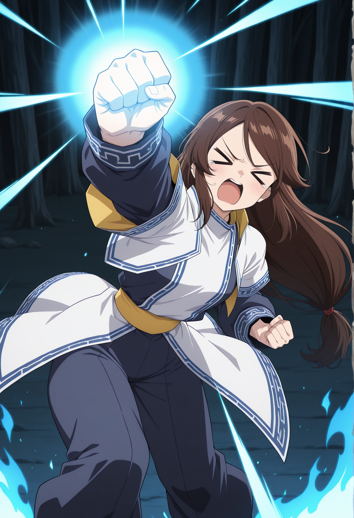 anime coloring, anime screencap, 1girl,  XD, long hair, low tied hair, brown hair, aqua eyes, ainu, ainu clothes, long sleeves, pants, yellow sash, fighting stance, incoming punch, incoming attack, flamming fist, blue fire, XD   <lora:Maya_legaia_2:1>, masterpiece, best quality, amazing quality, very aesthetic, absurdres, highres, newest