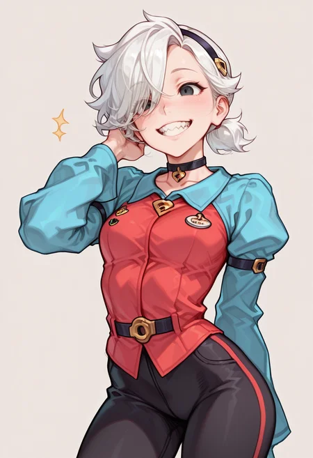 masterpiece, best quality, very aesthetic, absurdres, simple background,
BREAK 1girl, solo, coletteBS, white hair, short hair, small ponytail, hair band, hair covering one eye, choker, sharped teeth, black eyes, red shirt, blue sleeves, long sleeves, curved body, black pants, smile,
BREAK <lora:Colette_Brawl_Stars__Illustrious:1>, <lora:AKinuNishimura_Style:1.0>, <lora:Smooth_Booster_v2:0.25>, good hand,