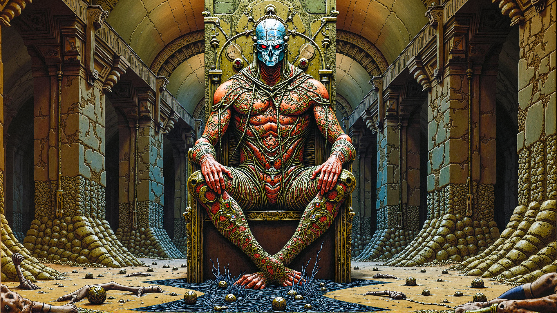 In a vast, decaying underground chamber, a monstrous figure sits upon a throne made of rusted metal and shattered stone. Its skin is a patchwork of rotting flesh and mechanical parts, with wires and tubes snaking from its body into the walls of the chamber, as if it's part of some horrific machine. The figure's face is obscured by a cracked, mirrored mask that reflects the twisted, hellish landscape around it. On the floor before the throne, a river of thick, black liquid flows, carrying with it the dismembered remains of countless victims. The air is thick with the stench of decay and burning oil, and the walls pulse with a dull, rhythmic beat, as if the entire chamber is a living, breathing organism. The painting style is disturbingly intricate, with an emphasis on the grotesque details of the figure and its throne, creating an overwhelming atmosphere of despair and dread. <lora:metal_hurlant_v1:1.25>