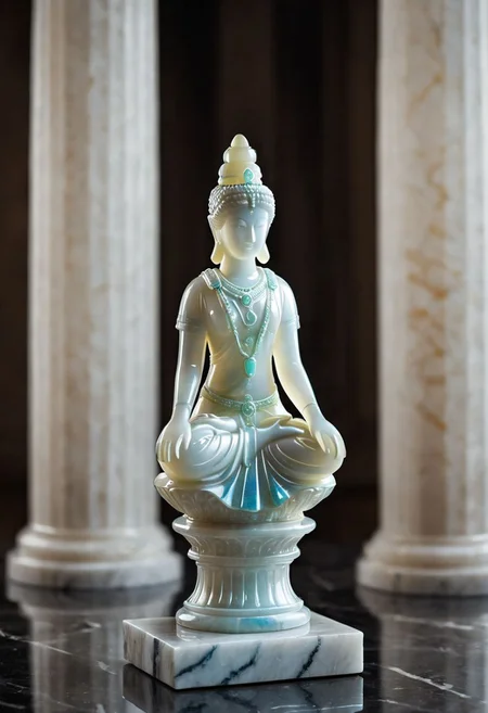 Fujifilm XT3, Sony A7 IV, (award winning photography) a marble simple stylized ishtar (figurine) made of opal (Kintsugi: 0.89) set on a pedestal in temple, glistening. in the background beautiful pillars, divine (iridescent: 0.79), opalescent textures, volumetric light, ethereal, sparkling, studio photo, highly detailed, sharp focus (highest quality: 1.39) (highest coherency: 1.39) (award winning photography), highly detailed photography, (muted colors, cinematic, dim colors, soothing tones:1.2), vibrant, insanely detailed, hyperdetailed, (dark shot:1.2), (vsco:0.3), (intricate details:0.9), (hdr, hyperdetailed:1.2) (vignette), sss, raw photo, fijifilm, kodak, cinematic film grain