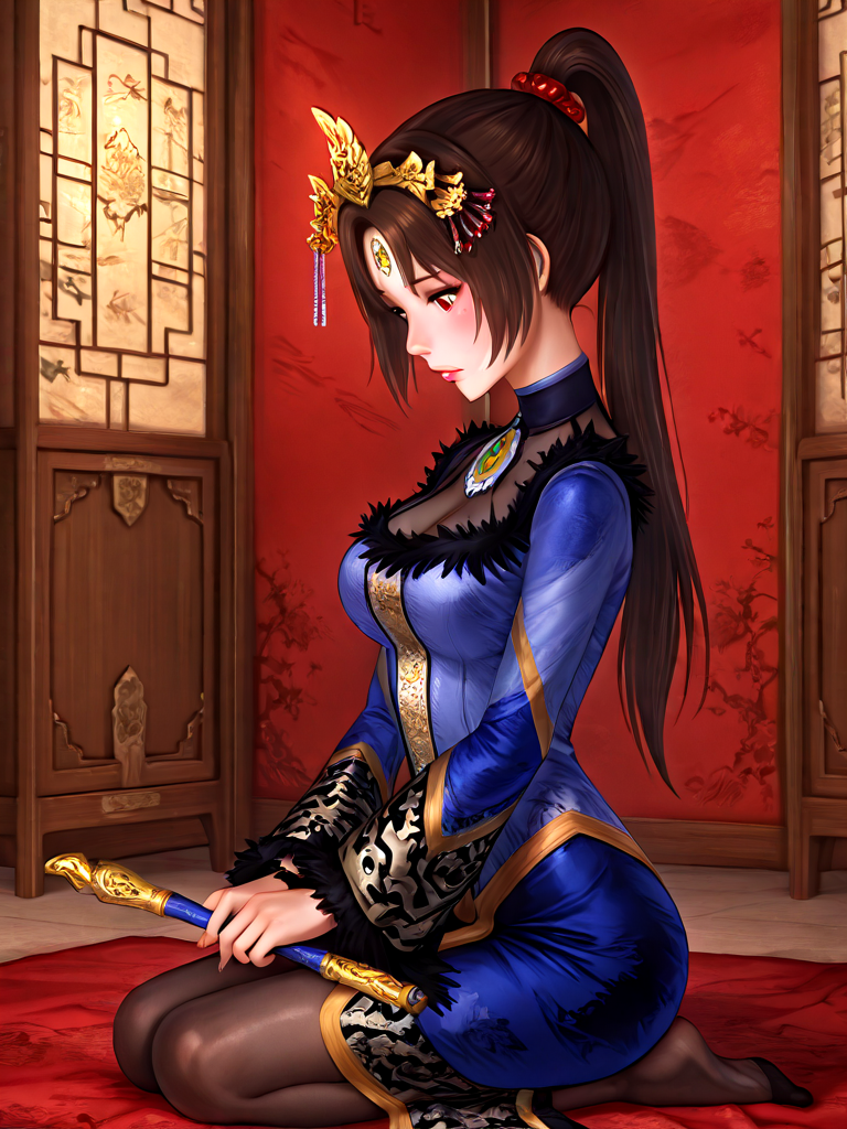 masterpiece, best quality, absurdres, realistic, zhen ji, milf, 1girl, lips, black hair, brown hair, ponytail, long hair, hair ornament, qipao, china dress, chinese clothes, large breasts, pantyhose, jewelry, seiza, holding flute, fur trim, dress, from side, profile, on floor, ink wash painting, sitting on bed, red bed sheet, looking down, lips, shy, blush, (mole:0.5),
<lora:ZhenJi(DynastyWarriors4)_ilxl:1>