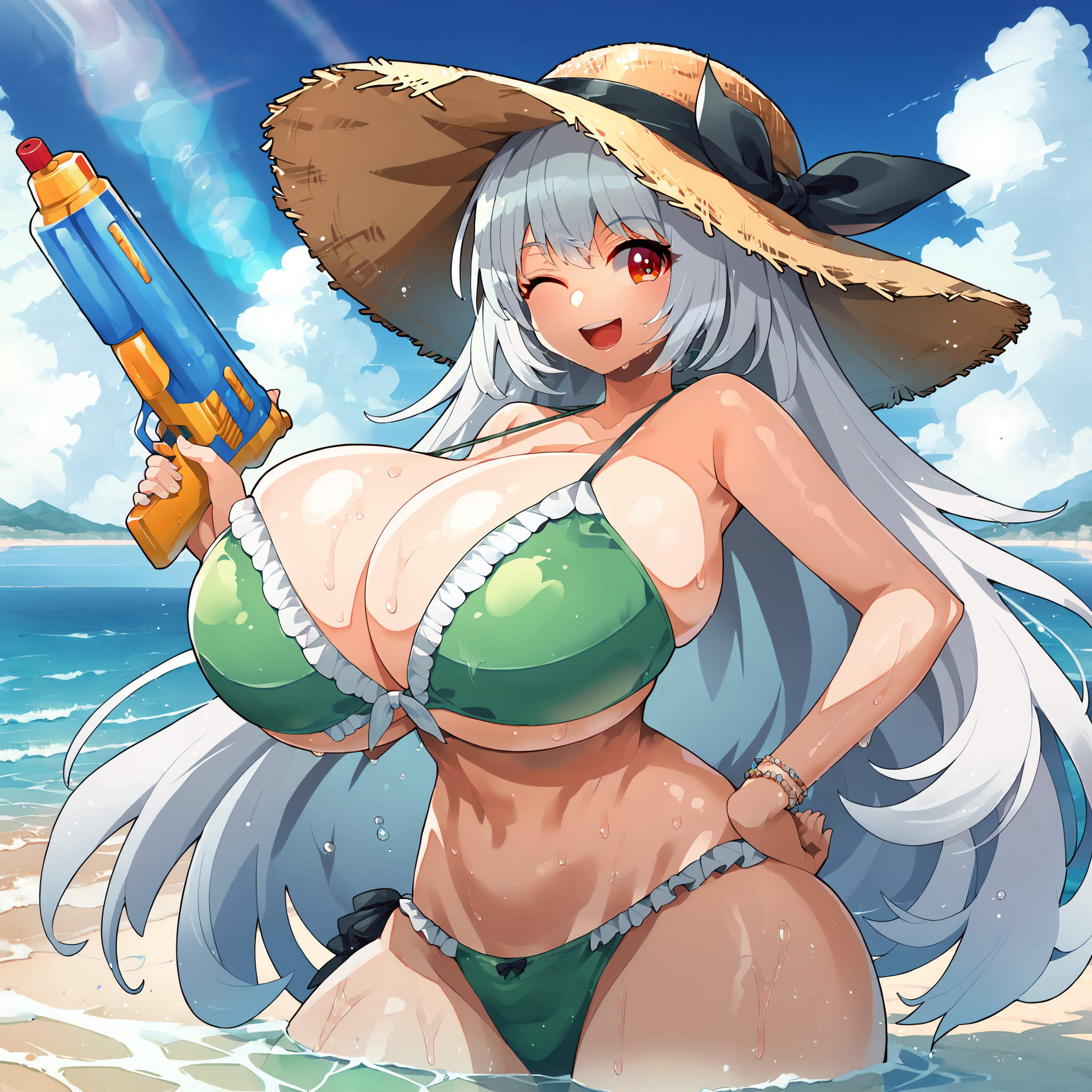 (masterpiece), best quality, (highly detailed), 1female, solo, <lora:Umigarasu_style_Pony:0.8> , score_9, score_8_up, score_7_up, green bikini, frill bikini, gigantic breasts, beach, partially submerged, waist high water, open mouth, smile, one eye closed, red eyes, white hair, long hair, wet, skindentation, wide breasts, hands, straw hat, hand on hip, holding water gun,