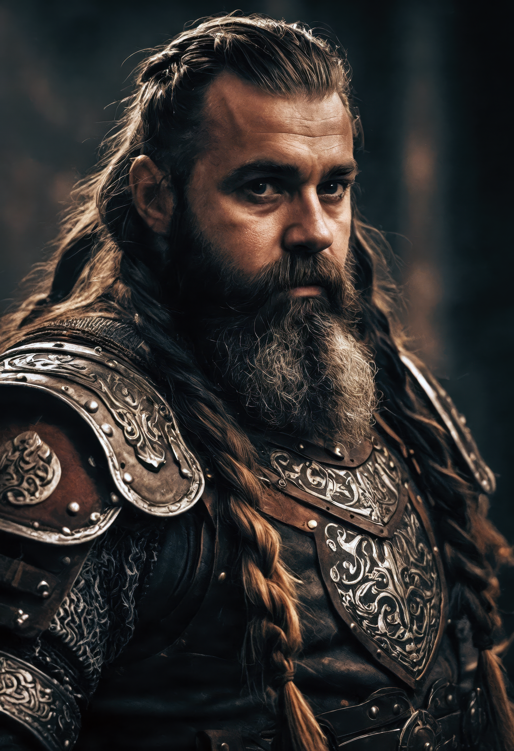 hyper-realistic portrait of a strong fantasy dwarf warrior, long braided beard, thick ornate armor, dark and faded color palette, (dramatic cinematic lighting), rich textures, motion blur on background, intense expression, film grain effect, limited and unusual dark tones, (ultimate detail level), highly professional composition, masterpiece quality, extreme realism, (high contrast shadows), sharp facial details, deep atmosphere, fantasy realism, gritty tone