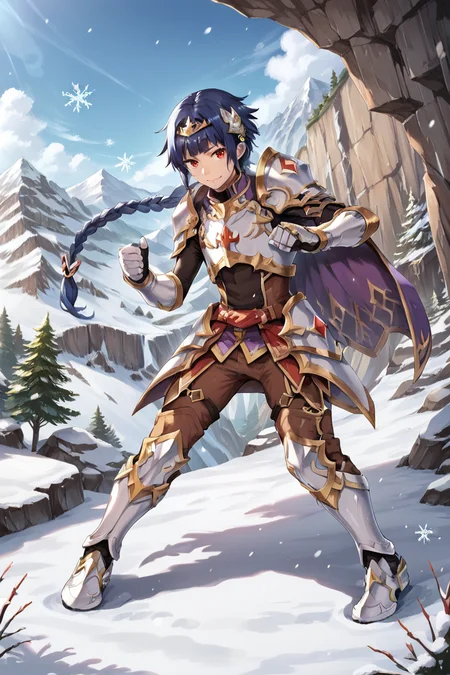 score_9, score_8_up, score_7_up, source anime, BREAK, <lora:Claire__Colt:0.75>, Cbase, Cdef, red eyes, (1boy), blue hair, long hair, low-tied long hair, low-braided long hair, single braid, braided ponytail, braid, tiara, (hairpods, hair ornament), armor, breastplate, bodysuit under clothes, black bodysuit, brown pants, faulds, shoulder armor, gold trim, purple cape, gauntlets, armored shoes, combat pose, smile, looking at viewer, full body, <lora:m4gXLP:0.5> , m4g, (solo), outdoors, exterior, day, snowy mountain, overlook, canyon, snowflakes, winter, scenery, <lora:backgroundsetXL:0.2> , background,