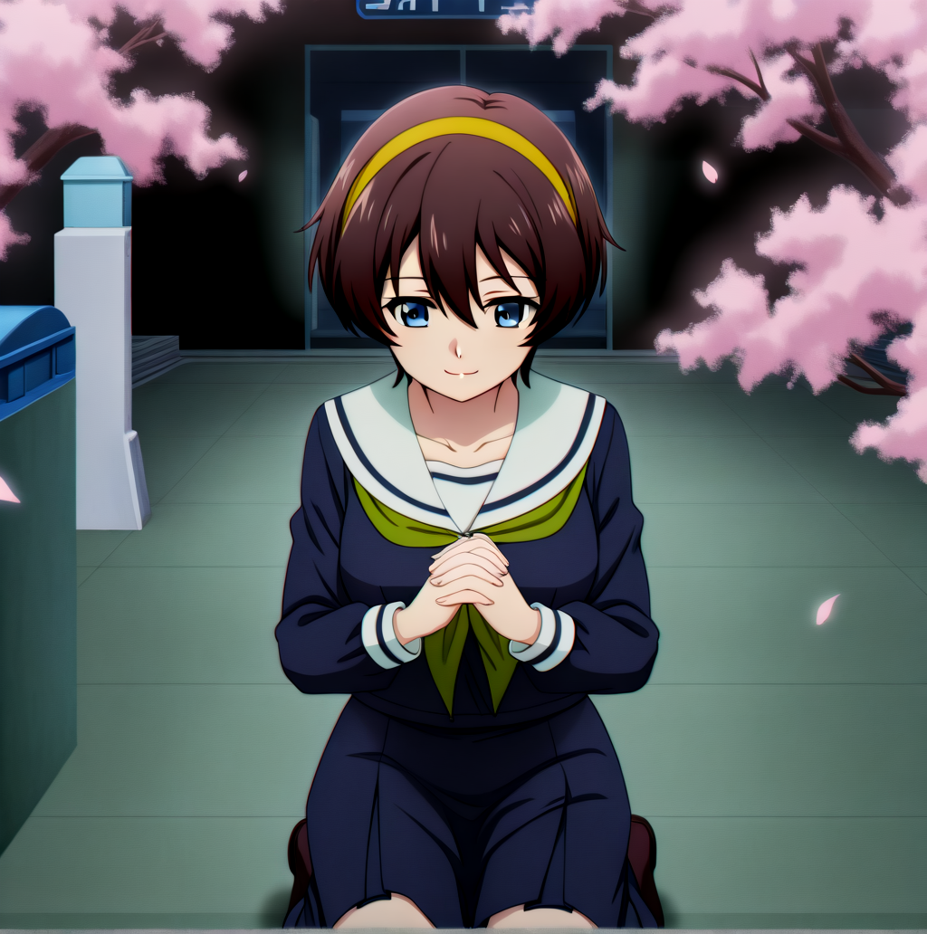 Yuu_School, 1girl, (brown short hair:1.1), hair between eyes, blue eyes, medium breasts, collarbone, yellow hairband, serafuku, green neckerchief, sailor collar, dark blue serafuku, long sleeves,
 ,  City stadium entrance with cherry blossom trees,  light smile,  Kneeling with hands clasped in prayer , <lora:Yuu_IL_NoobAI:0.6>