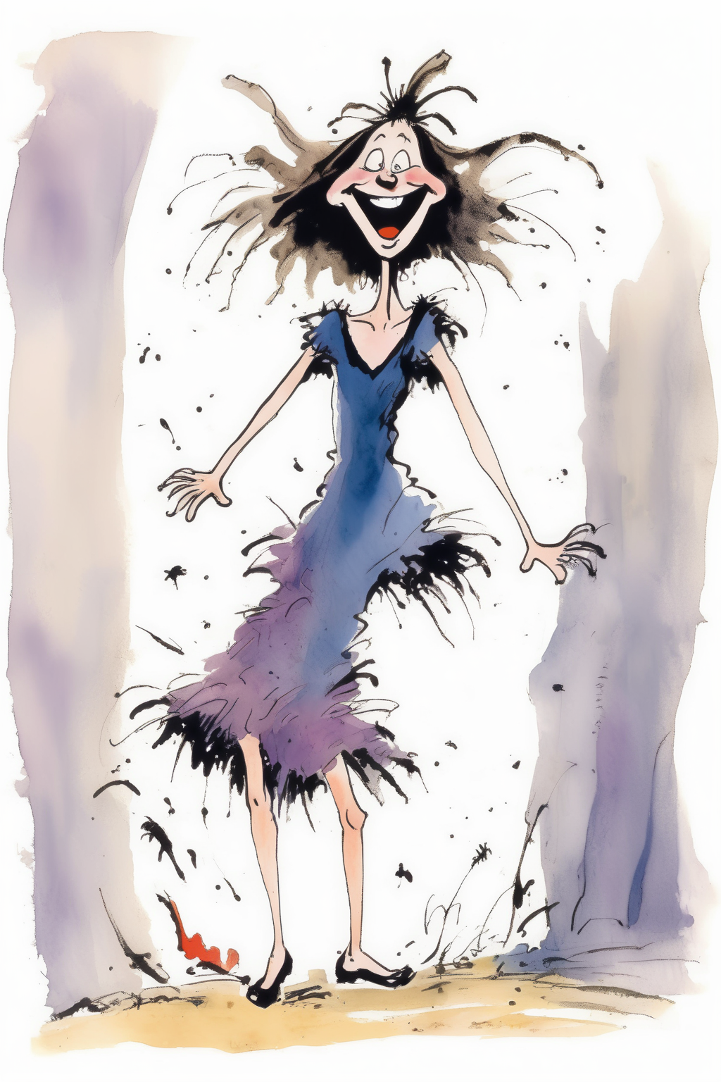 <lora:Quentin Blake Style:1>Quentin Blake Style - woman wearing short dress laughing drawn in style of Quentin Blake illustration drawing from the book The Witches