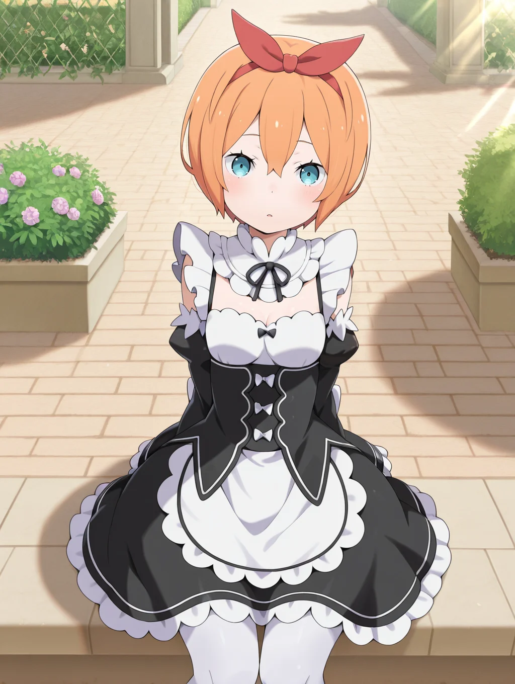<lora:Petra Illu:1>1girl, solo,
petr4, short hair, orange hair, hair between eyes, blue eyes, red bow hairband,
petramaid, roswaal mansion maid uniform, dress, detached sleeves, detached collar, frills, neck ribbon, white pantyhose, black sleeves, long sleeves, waist apron,
daytime, outdoors, garden, sunlight, arms behind back, sitting, straight-on,, masterpiece, best quality, amazing quality