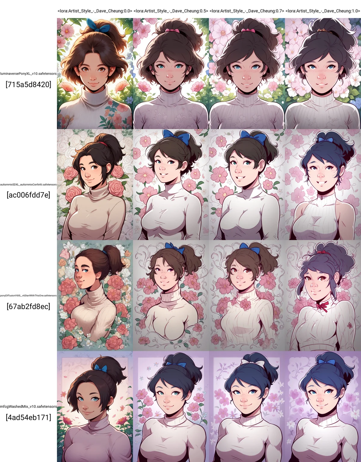score_9, score_8_up, score_7_up, score_6_up, davecheung-dh BREAK <lora:Artist_Style_-_Dave_Cheung:0.0>
portrait, 1girl, beautiful woman, short hair, ponytail, breasts, turtleneck, bow, gentle smile, floral background