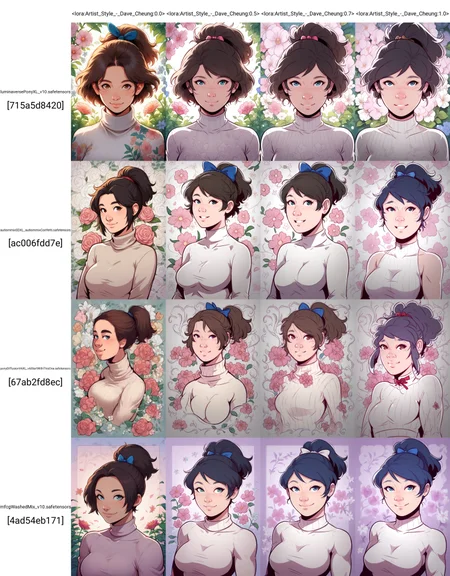 score_9, score_8_up, score_7_up, score_6_up, davecheung-dh BREAK <lora:Artist_Style_-_Dave_Cheung:0.0>
portrait, 1girl, beautiful woman, short hair, ponytail, breasts, turtleneck, bow, gentle smile, floral background