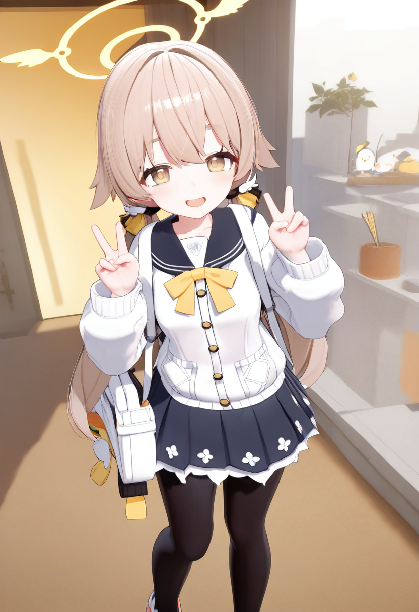 1girl,hifumi \(blue archive\),blue archive,white shirt,skirt,black pantyhose,backpack,solo,standing,open mouth,v,smile,looking at viewer,3d,vrc,masterpiece,high score,great score,absurdres,<lora:vrc style_ani4 xl_v1-000010:1>,