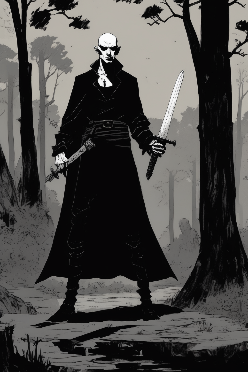 <lora:Mike Mignola Style:1>Mike Mignola Style - hairless vampire post apo wanderer, two-handing the sword of st. wenceslav, in black attire, forest background, black and white, simple comic style of mike mignola
