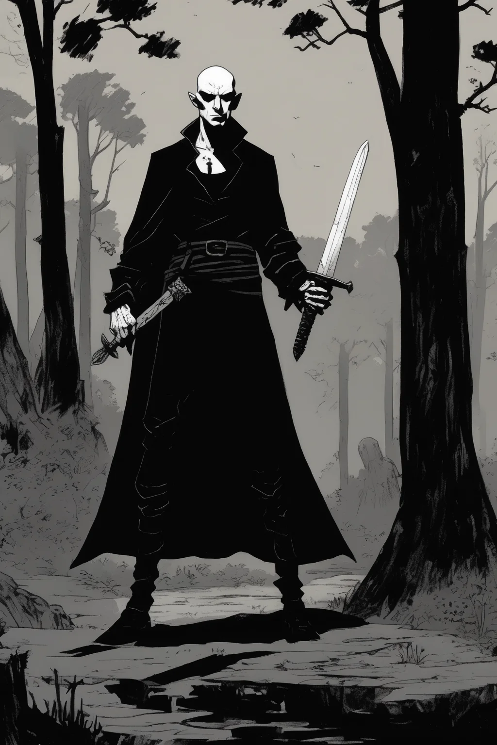 <lora:Mike Mignola Style:1>Mike Mignola Style - hairless vampire post apo wanderer, two-handing the sword of st. wenceslav, in black attire, forest background, black and white, simple comic style of mike mignola