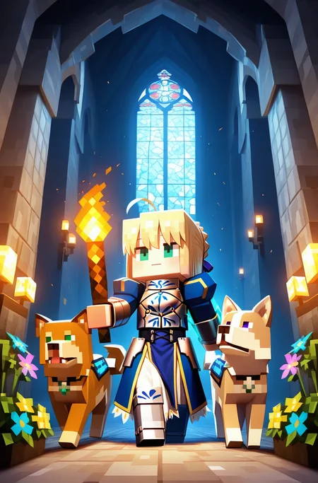 masterpiece, best quality,
saber, fate_(series), 1girl, blonde_hair, green_eyes, blue dress, armor, holding torch, holding weapon, holding sword
<lora:minecraft filter [IL]_1:1.2> minecraft filter, church, flowers, stained glass, dog, dark cave,(chibi:0.5)