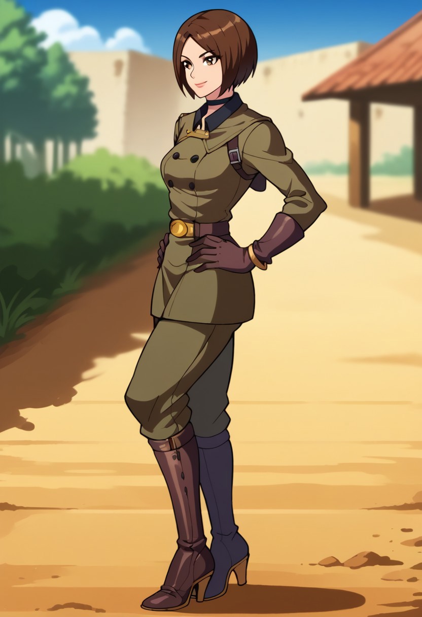 1girl, solo, score_9, score_8_up, score_7_up, masterpiece, high quality, anime, 2d, cute face, lips,
whipKOF, brown hair, short hair, brown eyes, choker, uniform, military, military uniform, bracelet, brown gloves, pants, brown boots, high heels, 
standing, facing forward, dynamic, full body, from side, smile, hands on hips,
outdoors, military station, dirt, gravel,