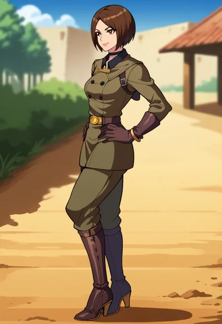 1girl, solo, score_9, score_8_up, score_7_up, masterpiece, high quality, anime, 2d, cute face, lips,
whipKOF, brown hair, short hair, brown eyes, choker, uniform, military, military uniform, bracelet, brown gloves, pants, brown boots, high heels, 
standing, facing forward, dynamic, full body, from side, smile, hands on hips,
outdoors, military station, dirt, gravel,