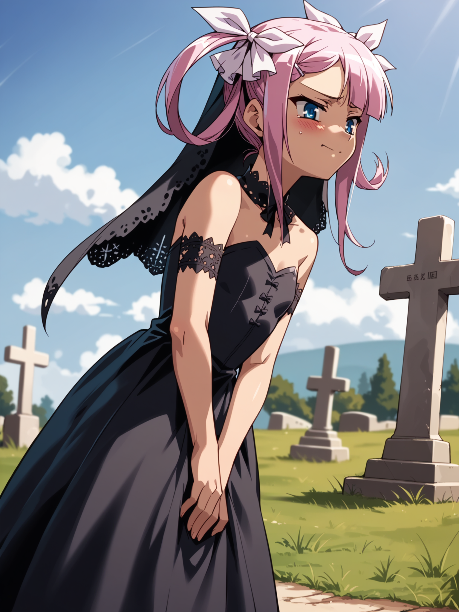 (, solo:1.1) <lora:happy_tentacle-sonshoukou-v0.1-000012:0.9>, ht_sonshoukou, hair ribbon, hairclip, flat chest, (petite:1.2), <lora:Shed_The_Skin's StS_age_slider_v1_initial_release:1.1> ( :1.1) (perky breasts:1.2) ( , , (embarrassed :1.2) , smile , (looking down:1.2) :1) , outdoors, vegetation, (overgrown :1.1), , (day :0.6), (blue sky:0.6) , (:0.5), , ( :0.8), graveyard, funeral, (funeral dress, black dress, black veil:1.3) (( from side :1.2) :0.8) score_9, score_8_up, score_7_up, score_6_up, score_5_up, score_4_up, [(realistic, photorealistic:1.3):(realistic:1.2):16] [3d::12] <lora:LUUNA's Lunas-NijiJourney-SDXL-B2:0.25>, nijijourney <lora:prgfrg23's Counterfeit-V3.0 Style SDXL_LoRA_Pony Diffusion V6 XL:0.25> <lora:mfcg's mfcgXL:0.12> <lora:reweik's gyokai(himehajime)_PonyXL_style_v01:0.14>
