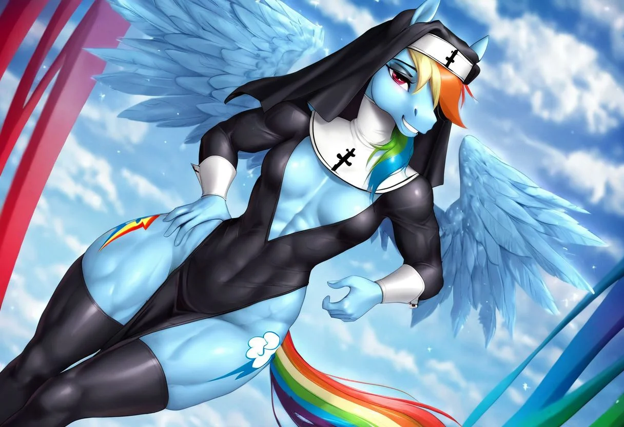 Female Rainbow Dash. Anthro. Fit body. Muscles. Wide hips. Solo. Interested. Looking at viewer. Cutie mark. Small breasts. Nun. Equstrian crest talisman. Thigh highs. Clouds background.