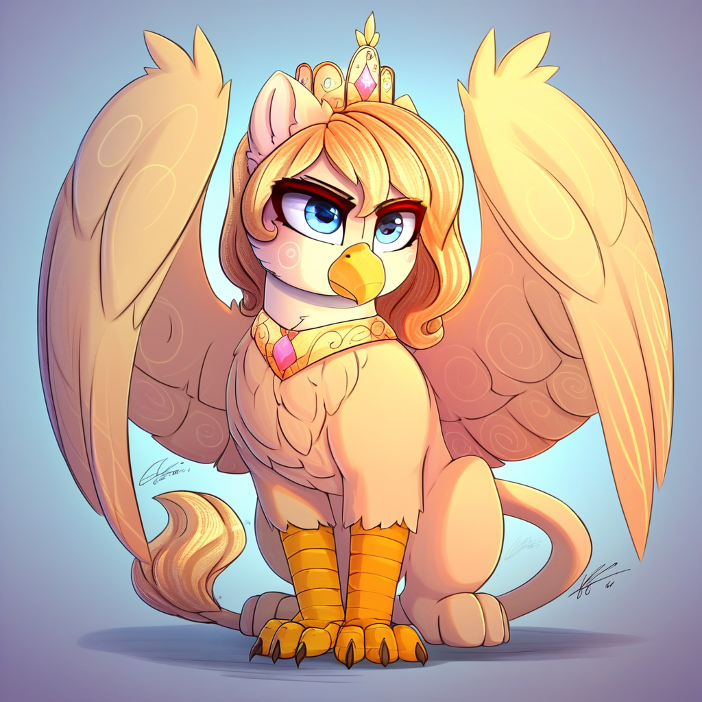 masterpiece, score_9_up, score_8_up, score_7_up, score_6_up, source_furry, (best quality:1.1), ultra-detailed, high resolution, solo, highly detailed macro illustration, solo, gloria_iv, kaiserin, griffon, griffon oc, avian, beak, feral, female,  blonde hair, medium hair, (beautiful detailed blue eyes), feathers, fluffy ears, wings, crown, full body, simple background BREAK Highly Visible, sharp focus, perfect lighting, anatomically correct, extremely detailed, high detail, Expressiveh