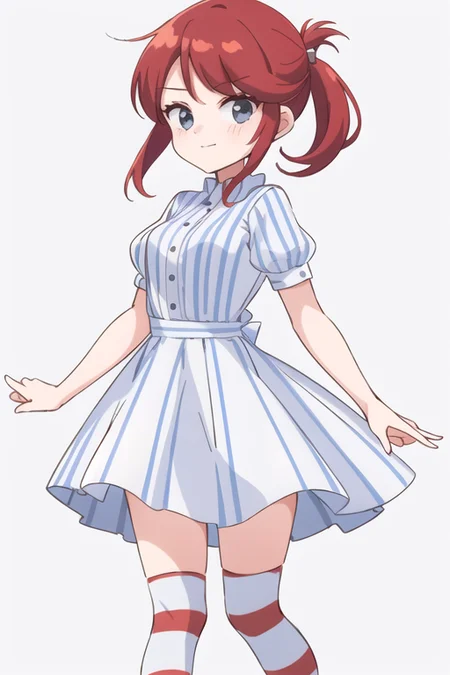 1girl, <lora:WendyW:0.7>, wendyw, striped socks, white and blue dress, red hair