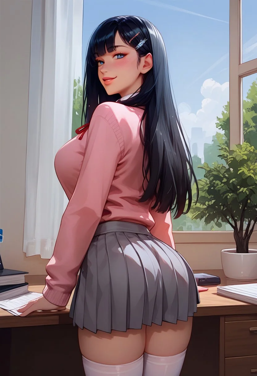 score_9, score_8_up, score_7_up, source_anime,
g0th1c, glowing, Expressiveh, detailed eyes, eye reflection, japanese girl, black eyes, black hair, long hair, princess cut, bangs, hairpin, large breasts, pink cardigan, open cardigan, neck ribbon, red ribbon, collared shirt, white shirt, long sleeves, skirt, pleated skirt, grey skirt, thighhighs, white thighhighs, office, indoors, window, curtains, tree, 1girl, blush, smile, looking back at viewer,