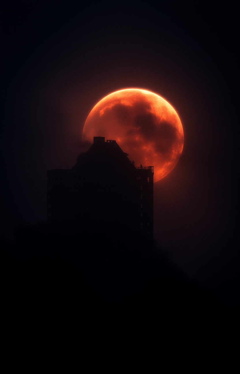 vantablack, a dark building at night colliding with a colorful eclipse, misaligned, detailed, shadows, atmospheric, impact, (BOOM!:1.3),   <lora:- Flux1 - vanta_black_V2.0:.9>
