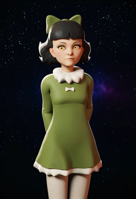 score_9, score_8_up, score_7_up, uncensored BREAK
blender,3D BREAK
1girl, oliviamann, black hair, bangs, short hair, yellow eyes, hair bow,
green dress, long sleeves, white pantyhose,
hands behind back, looking at viewer,
dark background, simple background, particles, bokeh,
black background,starry background,galaxy background,dark,contrast
<lora:Randommaxx_dark_offset_v1.1_lora_fp16:1>
<lora:fugtrup-guy-PONYv101:1> <lora:OliviaMannXL:1>