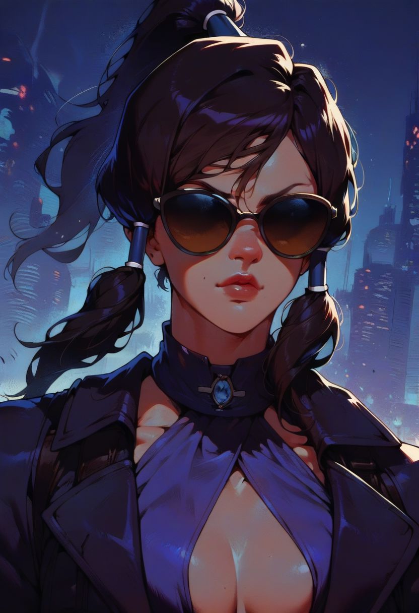score_9,score_8_up,score_7_up,score_6_up, 2d, source anime,
ninawxl, (korra), dark skin, brown hair, sunglasses, ponytail,
purple dress, cropped black jacket,  pelvic curtain,
standing, front view, (upper body:1.3),  
night, cityscape,