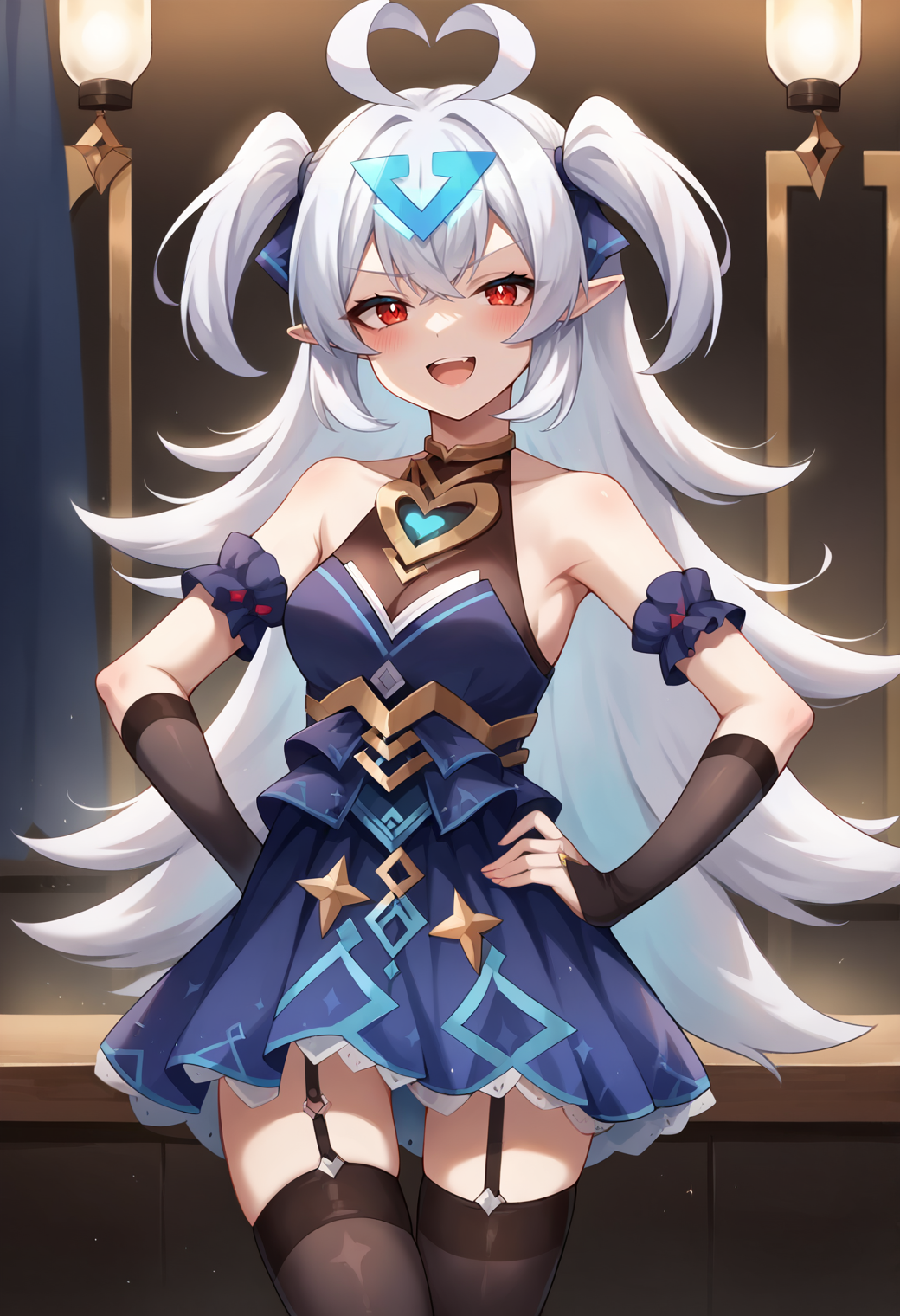 score_9, score_7_up, hd, (ultra hd quality details), source_anime, indoors,
solo, 1girl, e7lilibet, two-side up, heart ahoge, pointy ears,
lilibdes, white hair, red eyes, triangle hair ornament, hair ribbon, blue dress, sleeveless, bare shoulders, elbow gloves, garter straps, black thighhighs,
looking at viewer, blush, open mouth,
standing, hand on own hip, smug,
 <lora:_lilibet_e7-elesico-ponyv2b-e10:1>