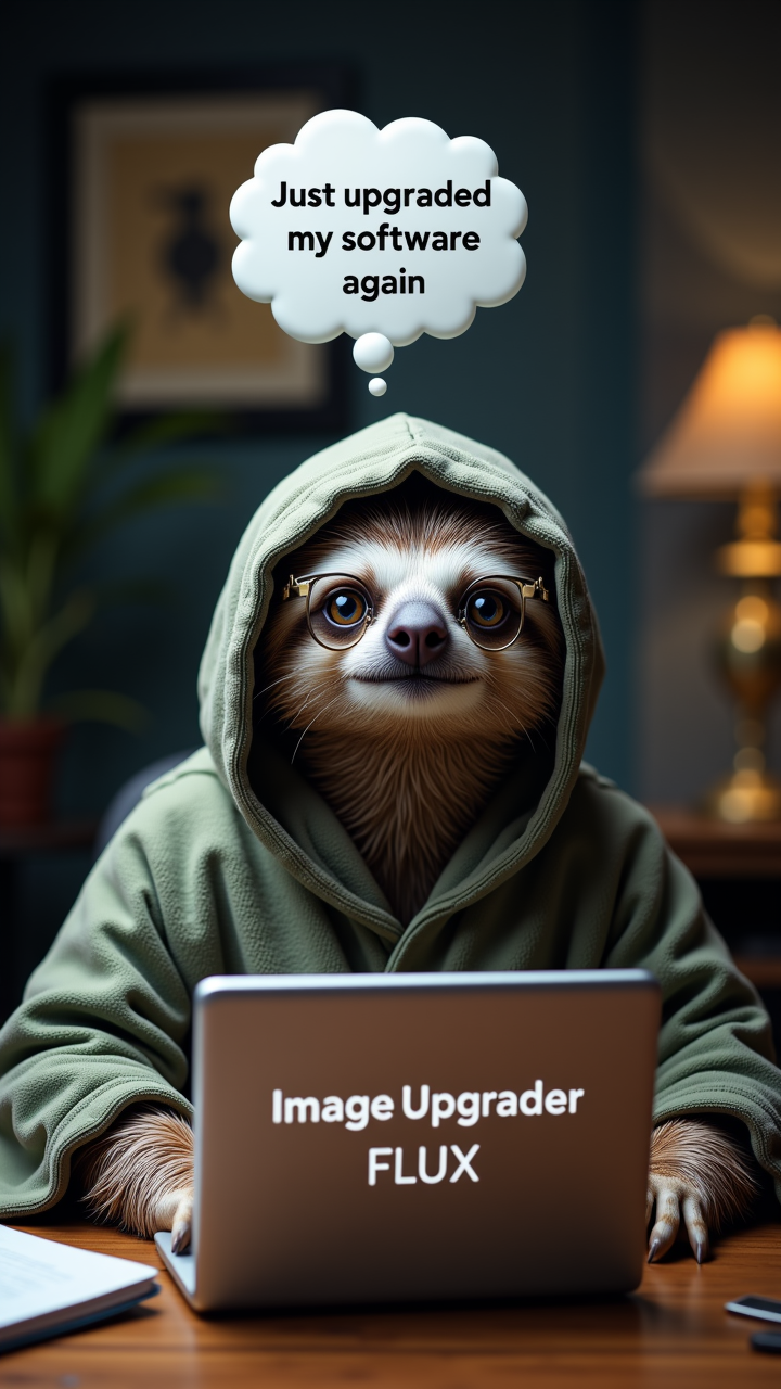 a professional photo of A sloth mit magic robe sitting at a desk with a tiny laptop, wearing glasses and looking very serious. Above the cat, a thought bubble reads "Just upgraded my software again" On the screen of the laptop, the Text: "Image Upgrader FLUX" is displayed prominently   , aidmaimageupgrader