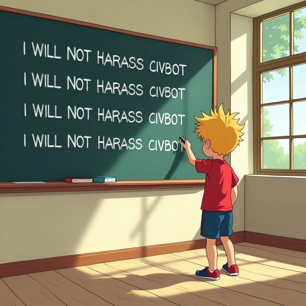 An illustrated scene of a young boy with spiky blonde hair standing at a chalkboard in an empty classroom, wearing a red t-shirt and blue shorts. The chalkboard has the phrase “I WILL NOT HARASS CIVBOT” over and over. The view is from outside a nearby window, with soft lighting filtering through. The classroom is empty, with the boy standing alone as he writes. The illustration has a playful, cartoon-like quality, with light colors and simple lines, capturing a sense of quiet mischief.