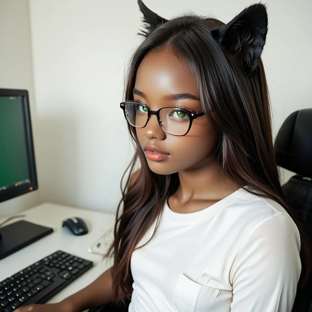 1 GRIL, ebony , anime girl, small breasts, ONE GIRL, ALONE, dark skin, bright emerald green eyes, long straight black hair, symmetrical face, small nose, natural lips, cat ears, DARK SKIN, long hair , realistic, masterpiece, best quality, beautiful girl , wearing glasses, dewearing glasses, white shirt, working on computer