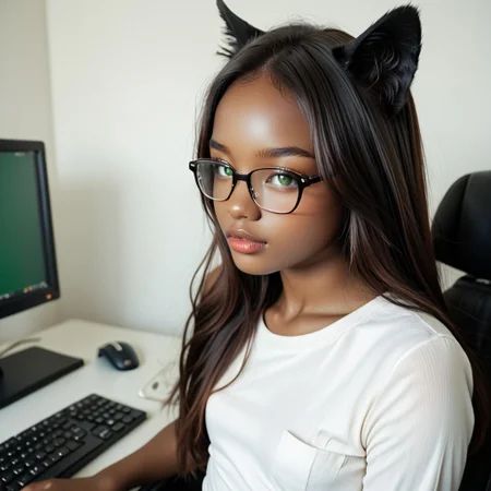 1 GRIL, ebony , anime girl, small breasts, ONE GIRL, ALONE, dark skin, bright emerald green eyes, long straight black hair, symmetrical face, small nose, natural lips, cat ears, DARK SKIN, long hair , realistic, masterpiece, best quality, beautiful girl , wearing glasses, dewearing glasses, white shirt, working on computer