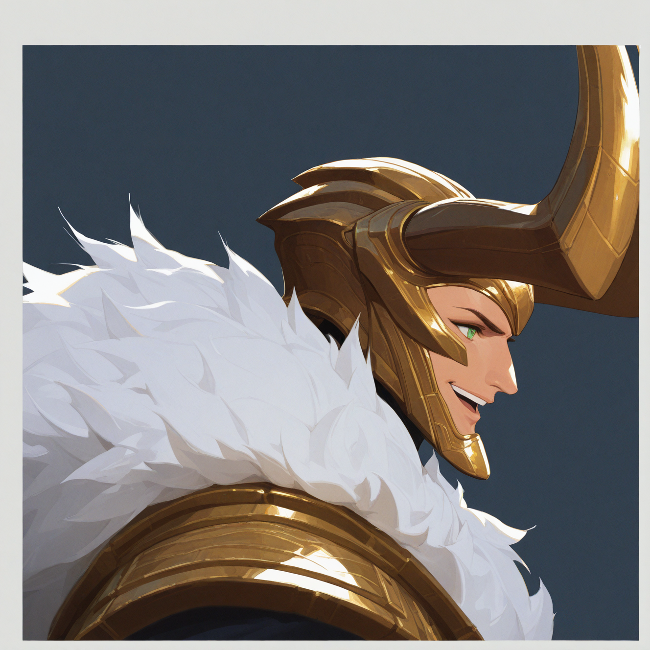 <lora:LOKI:1> loki, solo, smile, simple background, 1boy, green eyes, upper body, male focus, horns, teeth, artist name, grey background, armor, from side, fur trim, upper teeth only, border, helmet, portrait, fur collar, fur-trimmed jacket, fake horns, looking ahead, helm, horned helmet, grey border, gold armor, shoulder plates, open mouth, dark skin, blue background, white border, animification, dynamic perspective, detailed background, character close to camera, motion blur, film grain, abstract, natural lighting, fantasy, cinematic, dynamic view, tilted angle, very awa, masterpiece, best quality, absurdres, newest, perfect quality, detailed background, intricate details,  (artist:fl \(l-fl\):0.7), (artist:tooboshoo:0.7), (artist:dizdoodz:0.8)