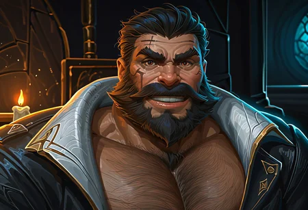 score_9, score_8_up, score_7_up, NeonhadesmixV2, <lora::NeonHadesMix21> 1 boy, male focus, solo, solo focus, lewd smug looking at viewer, flirting, muscular, manly, facial hair, beard, dilf, SentinelGraves, epic beard, (hairy chest. hairy pectorals:1.4), hyper pectorals, pulling down own clothes, teasing, sweaty pectorals, musk clouds, tavern, behind bar counter, bar tender, ordering a drink, candle's unaestheticXL_3x3