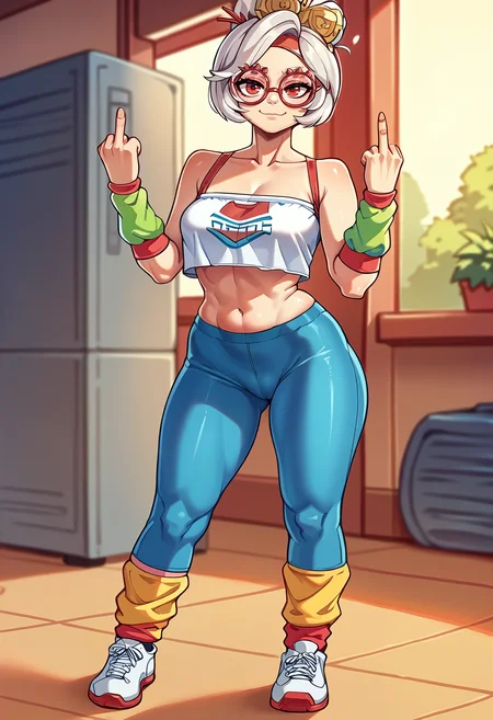 score_9, score_7_up BREAK solo,pantyhose, sneakers, arm warmers, leg warmers,crop top,wearing edgworkout80, purah,white hair,red eyes,hair ornament, red headband, red glasses,smug,closed mouth,middle finger <lora:purah-pdxl-nvwls-v1:0.8> <lora:edgWorkout80Ponyv1:0.8> <lora:nikichen_pd:0.9>