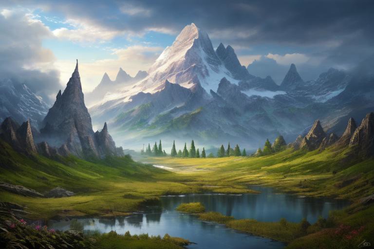 RAW photo, (masterpiece:1.3), subsurface scattering, heavy shadow, (high quality:1.4), (intricate, high detail:1.2), professional photography, HDR, High Dynamic Range, realistic, ultra realistic, photorealistic, high resolution, film photography, ambient lighting, atmospheric effects, <lora:detail_slider_v4:2>, OverallDetail, epic medieval fantasy, cloudy sky, day, fanmou, forest, mountain, nature, outdoors, reflection, sky, water, <lora:Fantasy_Mountains:1>, epiCPhoto