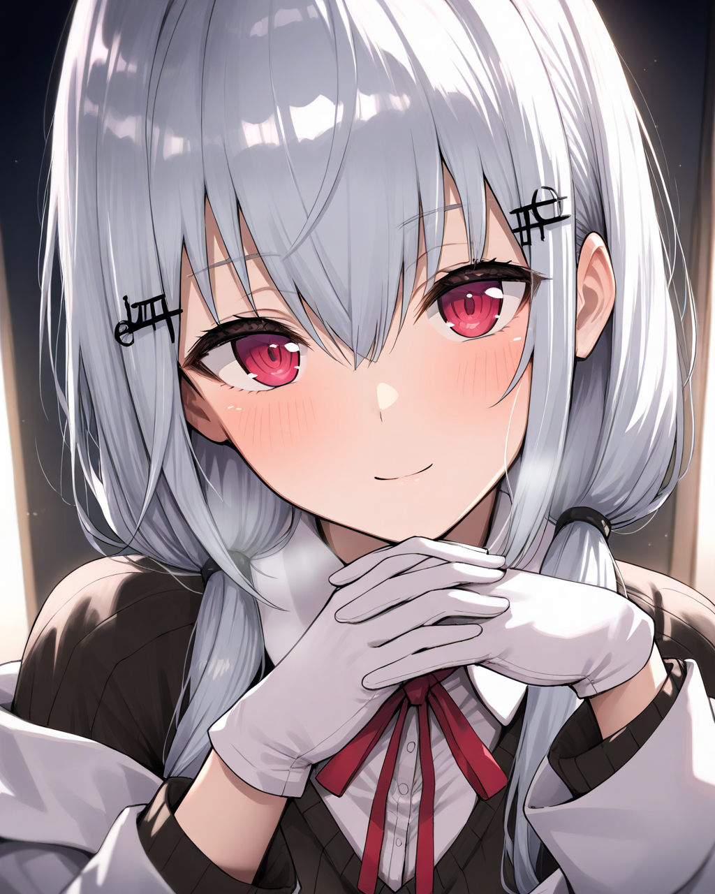 1girl, 1boy,
HakaseFuyukiNijisanji,
safe, close-up, 
hairclip,
beautiful eyes,
looking at viewer, head tilt, light smile,
hetero, reaching, interlocked fingers,
white gloves, 
white jacket, off shoulder,
black sweater, collared shirt,
neck ribbon,
soft lighting,
depth of field,
<lora:kp_HakaseFuyukiNijisanji1stCostumeAnimagineXL_v1_1:1.0>,
masterpiece, high score, great score, absurdres