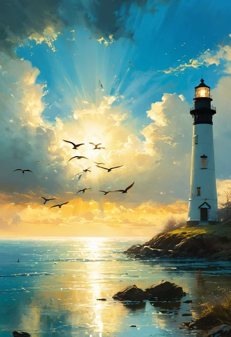 ((masterpiece, best quality, high quality, highres, ultra-detailed)), (the river, the flying birds, the rays of the sun) , , sky, clouds, sunlight, <lora:soldart:0.6> <lora:AngelicAI:0.1> <lora:add_detail:1>,, against the background of the 
lighthouse, blue sky, sunny day, epic clouds, (oil painting:0.1),  (best quality, 8K, high resolution, extreme detail, outstanding composition:1.4), art by Jeremy Mann, god rays, dramatic light,   (oxygen-rich air and sheltered atmosphere, snowy, aesthetic of hard - edge painting:0.1),