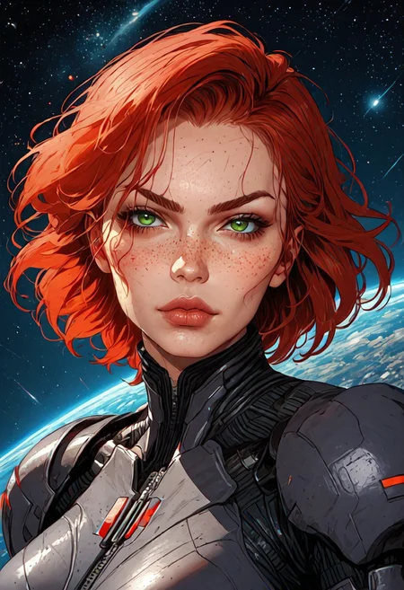 ((zPDXL3)), score_9, score_8_up, score_8, ((full body)), (sexy:2.5), (SuperQuality:1.0) ~ (SuperQuality:1.2), Science Fiction, Star Wars, perfecteyes, ultra detailed, high resolution, high quality, masterpiece, intricate details, intricate body, intricate landscape, knva, Expressiveh, European Instagram Model, upper body shot, low light, spaceship background,
BREAK
1girl, solo, source_cartoon, mature female, 1girl, femshep, red hair, short hair, green eyes, freckles, science fiction armor, boots, confident stance, cocked hip, cowboy shot, beautiful, full lips, looking at viewer, closed mouth,