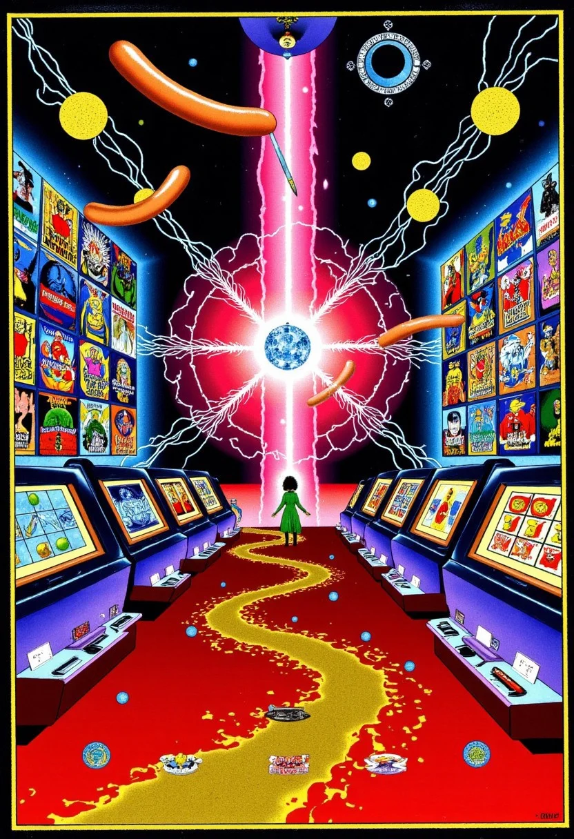 Slot machine graphics from front view . Disturbing scenes of addiction, people injecting drugs heroin, white powder, drinking alcohol smoking cigarettes. very strange surrealist style with holographic vortex featuring swirls of holotropic colour and glowing eyes wet distorted factory shot. On the television sets are glowing hands, with electricity coming off the finger tips. swirling around her head are holograms of glyphs chaos magick symbols. the room has thick electricity cables and smoke is coming off them. large wet glistening slices of wet soggy ham and hot dogs are floating in the air, dripping gooey sauce combining mustard and blood, there are multiple wet hotdogs floating. on the wall in the background are photos of nuclear explosions