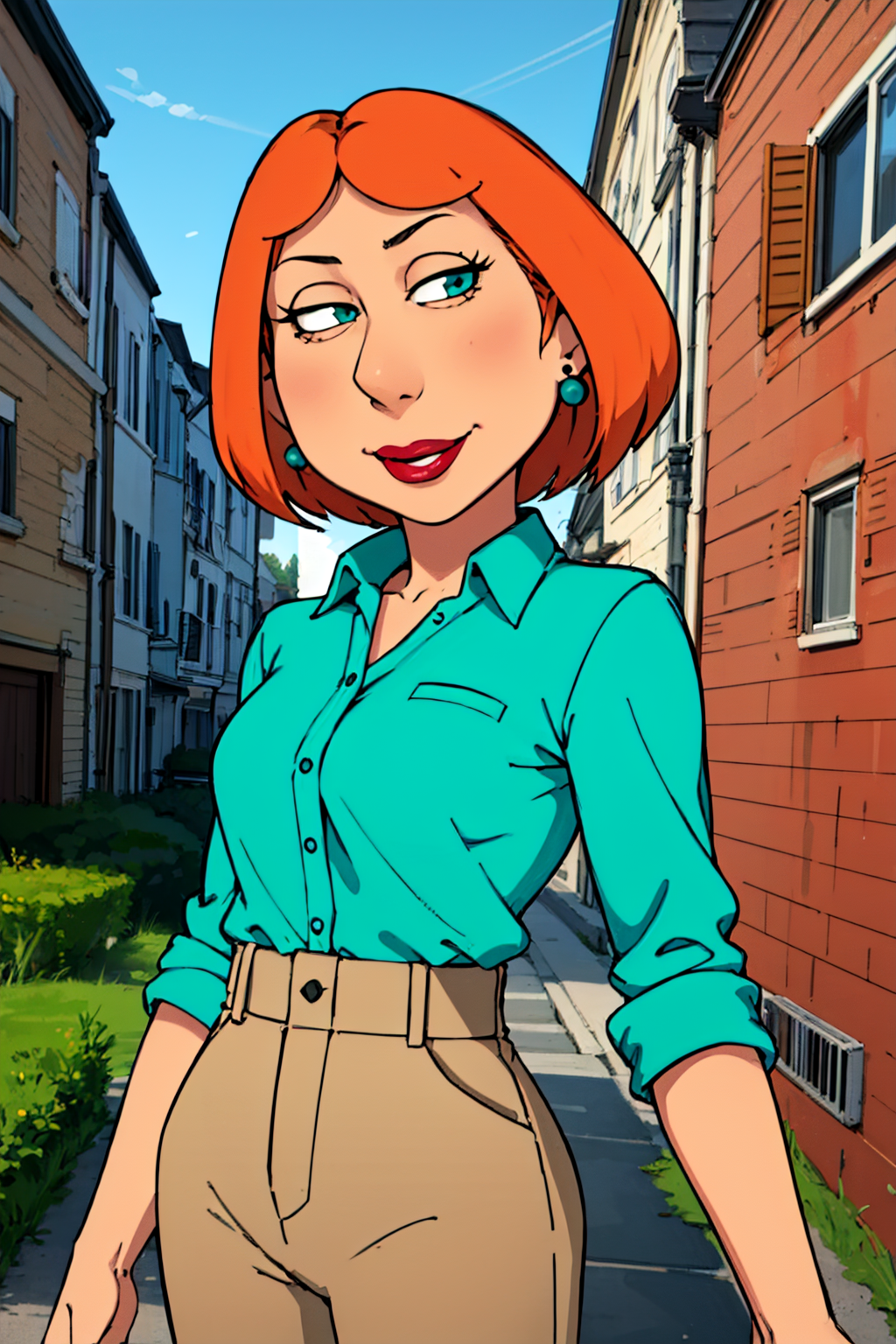 <lora:lois4-000007:0.55> lois, 1girl, blue earrings, short hair, solo, lipstick, orange hair, aqua shirt, beige pants,looking at viewer, smile, upper body,