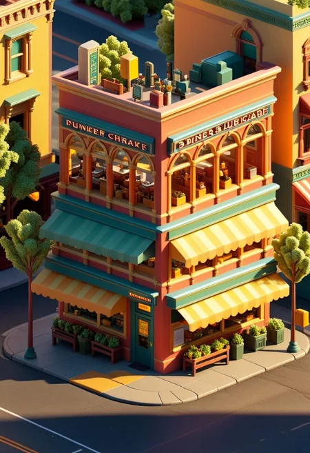 ispzxll, diorama, isometric, miniature, main street usa scene, diner, golden hour, long shadows, volumetric lighting style, pedestrian crowds, parked cars, traffic light, storefronts, taxi cab, mailbox, trash can, mature trees, epic architecture, intricate details, potted plants, ultra-detailed, 8k, fluffy clouds and setting sun in background