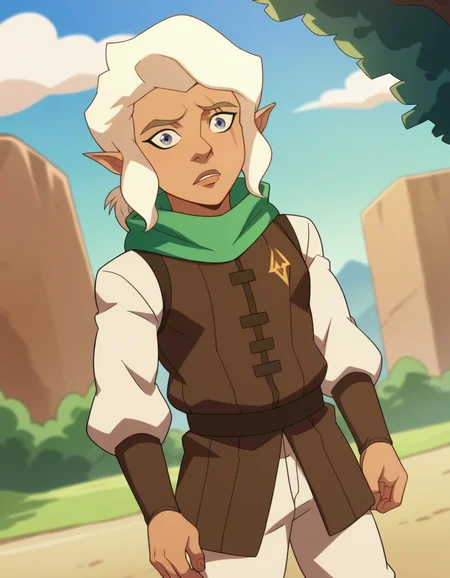 score_9, score_8_up, score_7_up, source_anime,
piketrickfoot, <lora:pike-trickfoot-ponyxl-lora-nochekaiser:1>,
pike trickfoot, white hair, pointy ears, dark skin, grey eyes, scar, scar on face, scar across eye,
scarf, green scarf, boots, pants, white pants,
outdoors,
looking at viewer, dutch angle, cowboy shot,