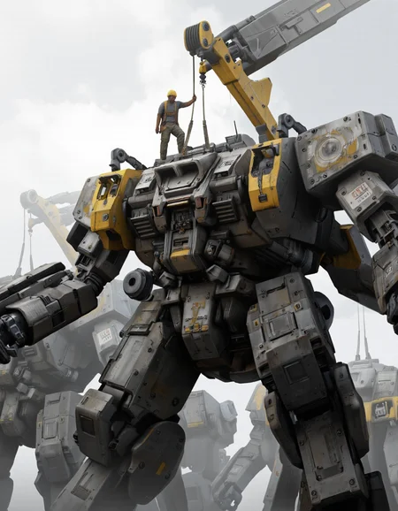 QuantumZ. A digital illustration shoot from a low angle about a group of large, imposing robots in a foggy industrial setting. the image also shows a dramatic, industrial atmosphere. on the center of the image, a worker stands atop one of the larger robots, which appears to be a giant mechanical mech with intricate details and a yellow crane attached to its back. the worker is wearing a helmet and carrying a tool belt, while the other robot stands nearby. on either side of the worker, there are smaller robots with similar mechanical features, and they are all facing the same direction. the background is a cloudy sky, and the overall mood is ominous and foreboding. the overall color palette is muted, with shades of grey, black, and yellow, giving the image a sci-fi feel.