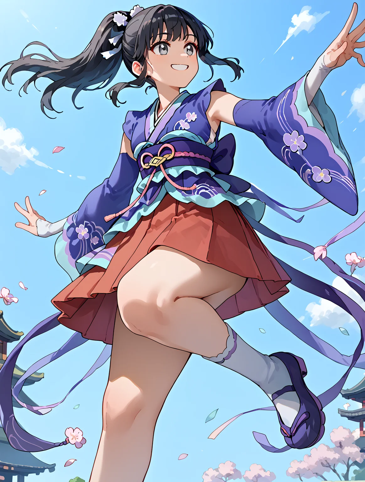 Jumping in a ballet leap, Low Angle, solo, 1girl, smile, <lora:DawnPony:1>Daw_NYear, long hair, black hair, ponytail, sidelocks, grey eyes, hair ornament, hair ribbon, purple kimono, detached sleeves, blue sleeves, red skirt, pleated skirt, white socks,, score_9, score_8_up, score_7_up,