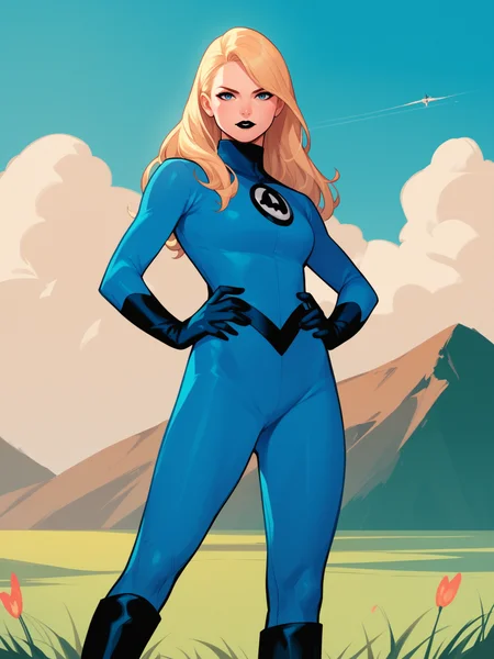 score_9, score_8_up, score_7_up, score_6_up, score_5_up, score_4_up, BREAK, source_anime,
1girl, susanrichards, blonde hair, long hair, blue eyes, makeup, black lips,
blue bodysuit, turtleneck, gloves, boots,
hands on hips, looking at viewer, standing, full body, looking at viewer, solo, outdoors, grass, blue sky, meadow background <lora:SusanRichardsXL:1>