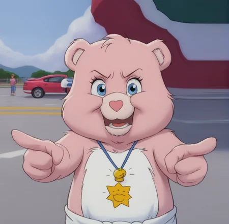 score_9, score_8_up, score_7_up, score_6_up, source_anime, highly detailed, Ultra detailed, BREAK, (hugs_bear:1), care bears, diapers, pink girl bear, (pointing and blowing on a whistle:1), angry look on face, directing traffic in a busy street, <lora:Hugs and Tugs 0.2:1>