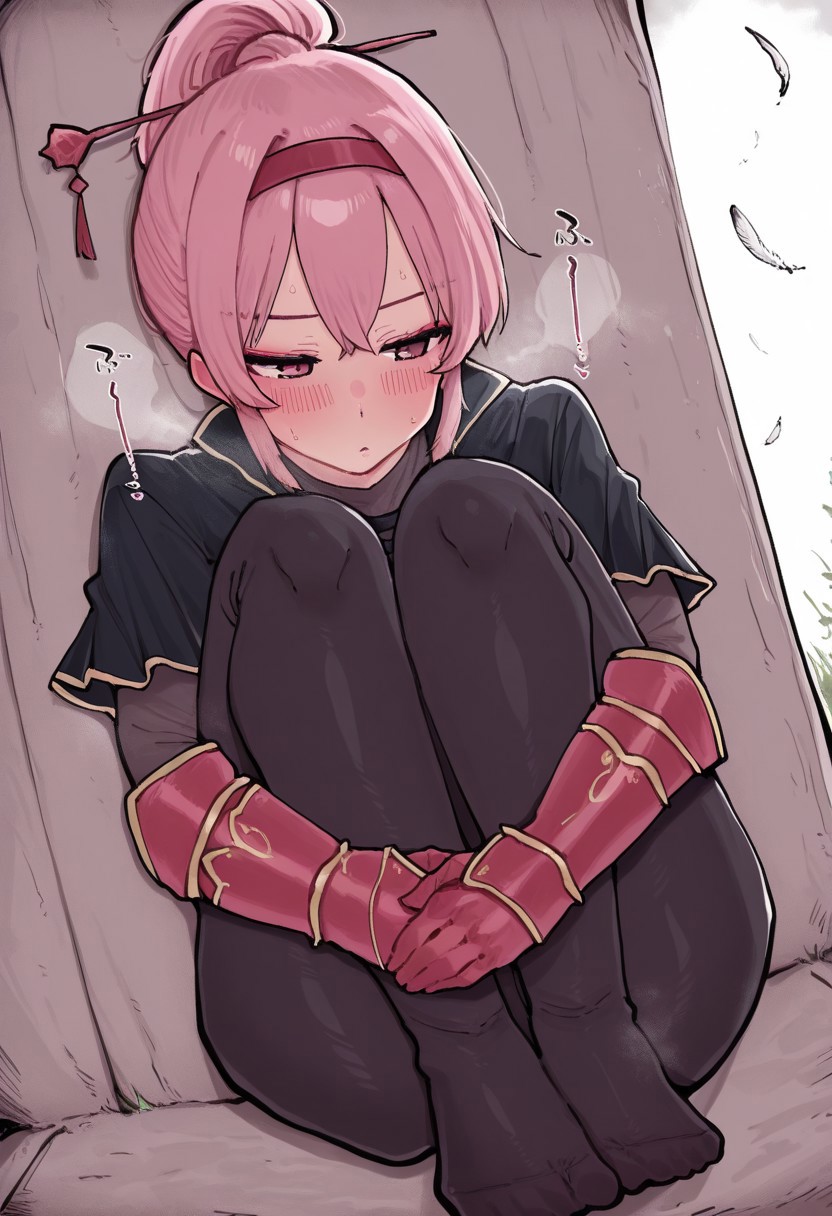 kobinbin,  outdoors, undershirt, falling feathers, black bodysuit, hair stick, hugging own legs, , gauntlets,   eyeshadow,   red gloves,  high ponytail,  , black capelet, red hairband, pink eyes, 1girl, solo, feet, visible breath,   dynamic angle, foreshortening, smell, steam,