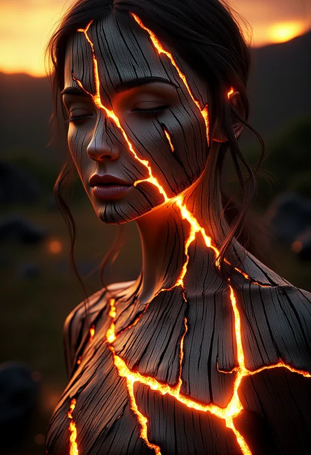 A close-up of a stunning woman whose skin is gently intertwined with glowing wooden textures that cast a soft, delicate glow, her eyes open and captivating, her hair gently wind-swept|A close-up of a tree with ember-like veins glowing faintly against a fiery twilight sky, small patches of bark showing faint glowing wood, gently illuminating the scene}|A wide-angle shot of a majestic deer standing in a glowing forest, its antlers subtly adorned with glowing wooden cracks}|A panoramic view of a glowing wooden temple at dusk, flickering embers within the wooden veins of the structure, glowing faintly as the light fades}|A massive dragon flying over a mountain range at twilight, glowing wooden cracks running along its wings, casting faint light onto the ground below|A mythical phoenix rising from glowing wooden ashes, its wings merging with soft, glowing wooden veins, radiating warmth as it soars}} Epic cinematic lighting, soft glowing wood textures, subtle embers, dramatic shadows, backlit glow, high contrast, lens flare, deep focus, ultra-realistic details, vivid colors, high dynamic range, volumetric lighting, breathtaking scale, photorealism, hyper-sharp focus, intricate details, stunning cinematic atmosphere. , <lora:bv-glowing-wood-v1.safetensors:1.0:1.0>