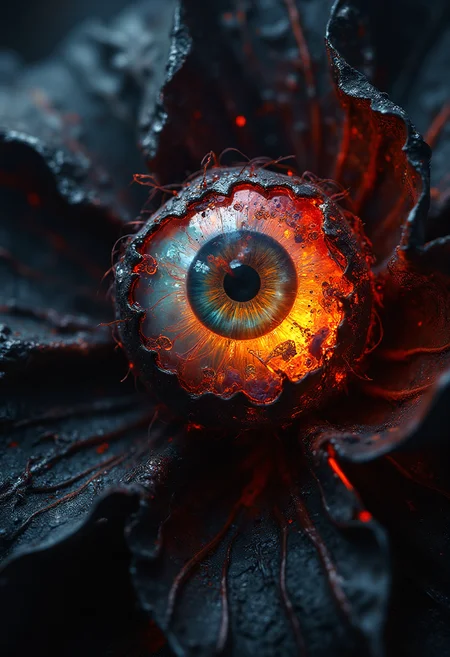 An eyeball inside a charred black flower, vibrant glow